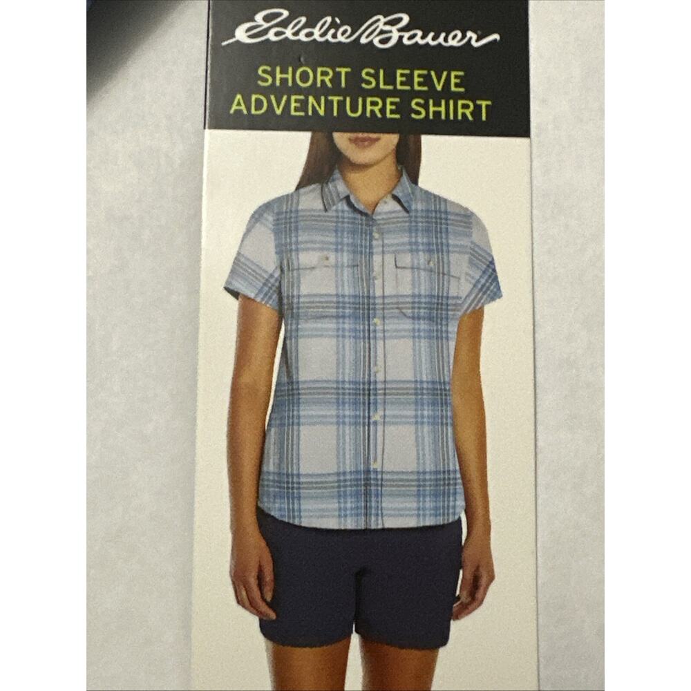 NEW Eddie Bauer Shirt Womens Blue Plaid Adventurer Shirt Button Up Dry